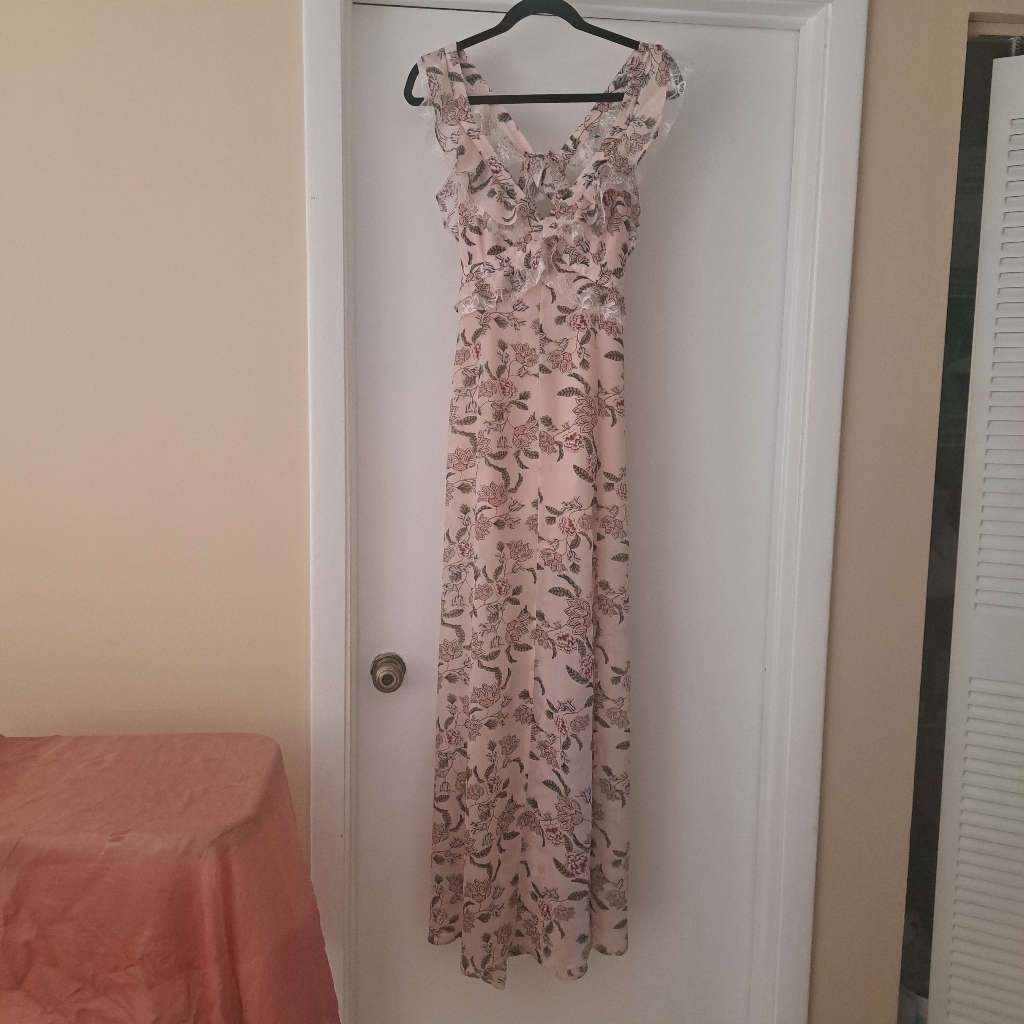 For Love & Lemons Pretty Pink Floral Maxi Dress With Slit Sexy Back Szm Euc**
